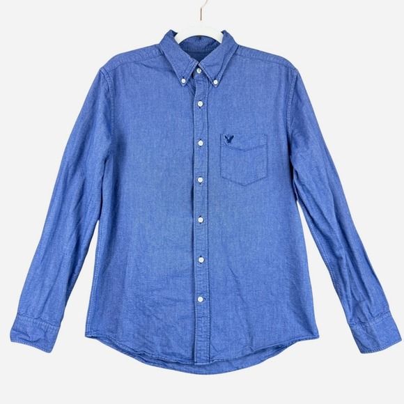 American Eagle Mens Chambray Button Down Shirt Size M Blue Long Sleeve Classic - Picture 2 of 10